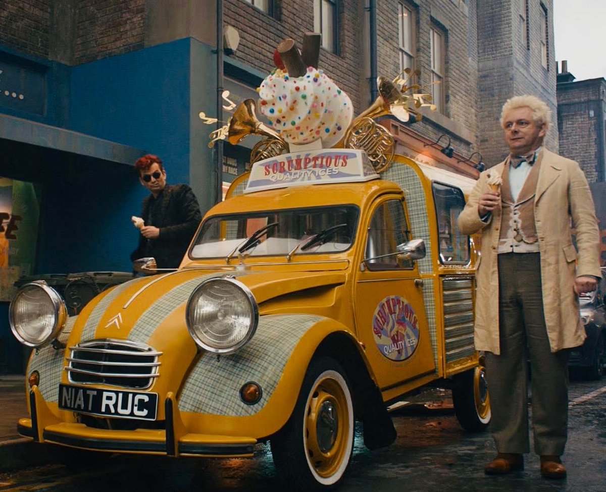 yokohamama_'s tweet photo. “Now on display at the Bo’ness Motor Musuem, the Citroen 2CV van from the final episode of Good Omens Season 3. 
The car is transformed from David Tennants Bentley into an Ice Cream van to act as a disguise.”

SO GOOD IT’S ANGELIC 🍦
#GoodOmens

🔗 https://t.co/v7c0YL3xNX https://t.co/GGfxJV3UoL