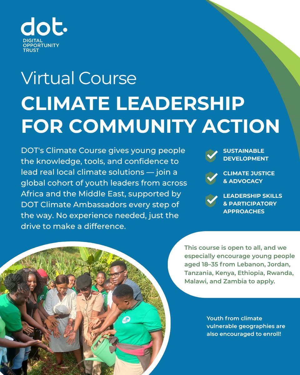 DigitalOppTrust's tweet photo. Tomorrow is the last day to register for DOT's Climate Leadership for Community Action — a free, virtual, 6-week course designed to turn everyday people into real climate changemakers. 

Registration link: https://t.co/rp1MYXVg24

#DOTYouth #DOTClimate #FreeCourse #ClimateAction https://t.co/QORWhUlyuT
