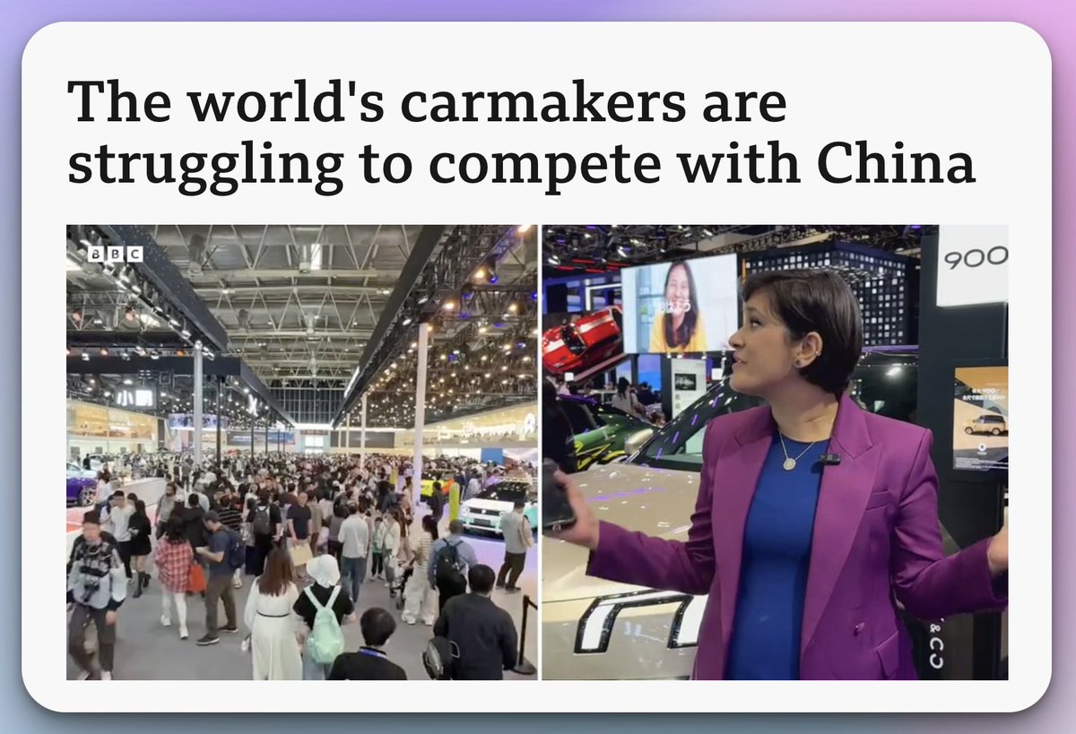 agent_of_change's tweet photo. “We have no chance against this”: the Chinese EV revolution and the failure of the West’s tech war

“We have no chance against this”. That was the reported verdict of Honda’s chief executive Toshihiro Mibe after touring a highly automated factory in Shanghai. Ford’s Jim Farley, surveying the same landscape, says Western carmakers are now “in a fight for our lives”.

A new BBC report from the floor of Auto China 2026 documents the scene the executives are reacting to: a Xiaomi plant outside Beijing rolling out a finished electric vehicle every 76 seconds; BYD’s ultra-fast chargers adding 400 kilometres of range in five minutes; Nio’s near-fully automated lines in Hefei; Huawei’s Maextro luxury sedan now outselling the Porsche Panamera and the BMW 7-Series put together. Foreign brands’ share of the Chinese car market has collapsed from 64 percent in 2020 to just 32 percent today.

This is the world the West’s tech war was supposed to prevent.

For the best part of a decade, Washington and its allies have waged an escalating campaign of tariffs, sanctions, export controls and investment blocks, all designed to keep China stuck at the lower end of the value chain. The Biden administration’s semiconductor war was meant to throttle Chinese AI; Trump’s tariffs were meant to reverse the trade balance; EU duties of up to 45 percent on Chinese EVs are supposed to protect the European industry; US tariffs of over 100 percent are supposed to keep Chinese cars out of the US altogether.

The result, plain to see, is the opposite of what was intended. Far from collapsing, China now dominates more than a few of the world’s most strategically important emerging industries.

The reason is not particularly mysterious. China’s success in EVs, batteries, solar, advanced manufacturing and artificial intelligence is the product of precisely the things that neoliberalism has systematically dismantled in the West: long-term state planning, patient public investment, vertically integrated industrial ecosystems, and a coherent national strategy linking research, manufacturing and infrastructure.

Rhodium Group estimates that China has channelled tens of billions of dollars into EV and battery manufacturing in recent years; the International Energy Agency reports that producing a small electric SUV in China is at least 30 percent cheaper than in any advanced capitalist economy. State support, far from being a “distortion”, is the very thing that has made these breakthroughs possible – exactly as it underwrote Britain’s railways in the nineteenth century and the US’s interstate highways and semiconductors in the twentieth.

For the rest of the world, China’s progress is an immense opportunity. Cheaper, better electric cars; ultra-fast charging; affordable batteries; vast solar capacity – these are public goods on a planetary scale, indispensable to any serious response to the climate emergency.

The Global South in particular stands to benefit enormously from access to Chinese finance, infrastructure, innovations and economies of scale. In Southeast Asia, Latin America and Africa, Chinese renewable energy and EVs are accelerating decarbonisation at a remarkable pace, whilst stimulating modernisation and improving living standards.

As the BBC report tellingly notes, even Western capital is starting to figure out where the centre of gravity has shifted. Stellantis has just signed a €1bn deal with Dongfeng to produce Peugeots and Jeeps in China, is bringing Dongfeng’s Voyah electric brand into Europe, and is exploring building Chinese-designed cars at a plant in France. Volkswagen is paying $700m for access to XPeng’s software, having admitted it cannot develop the equivalent fast enough at home. Toyota, Hyundai, Ford and Nissan are quietly expanding R&D in China rather than away from it. As XPeng’s He Xiaopeng puts it: “We study each other, so we trust each other, so we help each other.”

That is the choice the West now faces. It can carry on raising tariff walls and sanction regimes, and pay the geopolitical and ecological costs of trying to “stop China’s rise”. Or it can do what the more clear-sighted of its own companies are already starting to do: cooperate, learn and build. China’s success need not come at anyone else’s expense. The model on offer is partnership; it is the West’s containment strategy, not China’s rise, that is making the world poorer.
