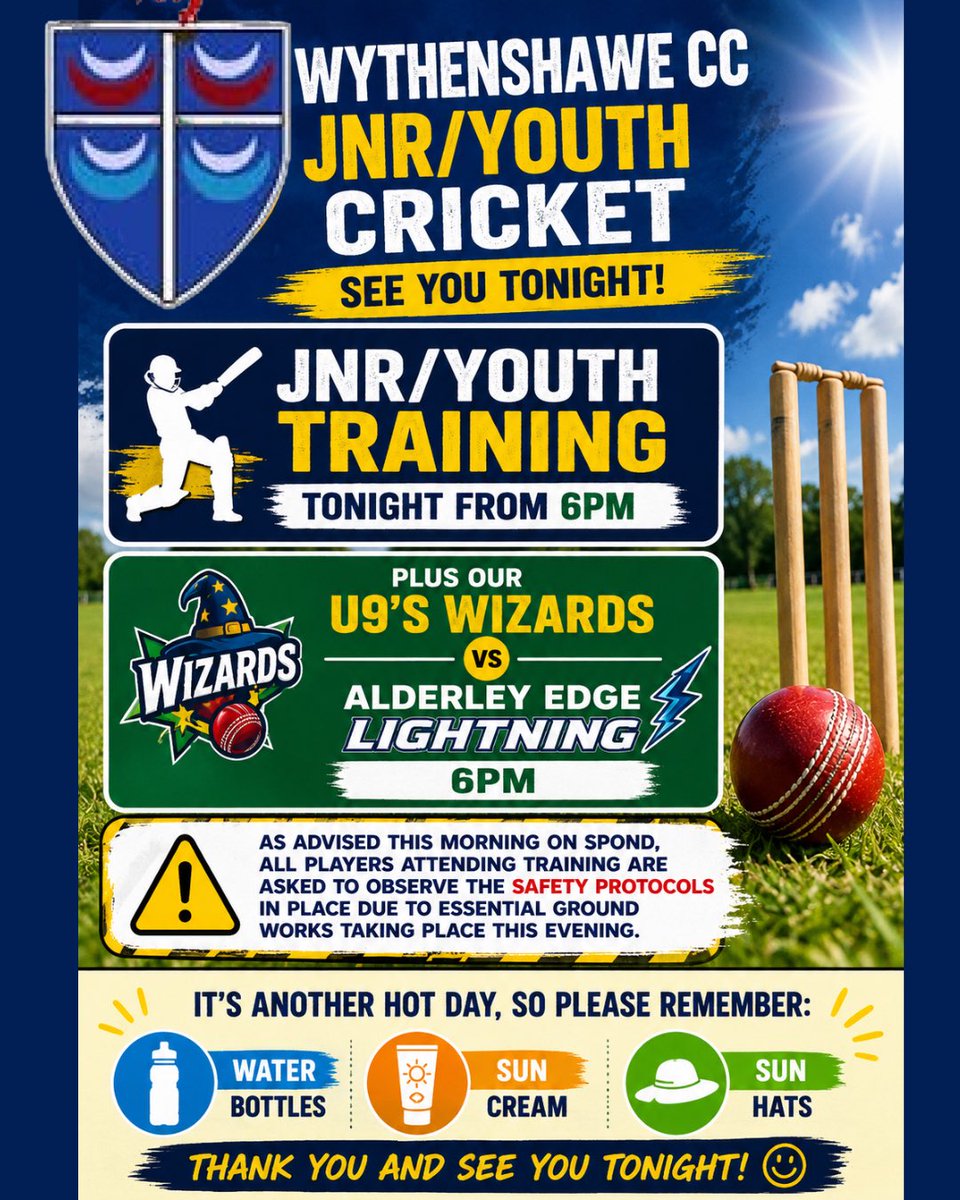 wythycc_sports's tweet photo. Wythenshawe CC Jnr/Yth Training tonight &amp;
U9’s Wizards 
v @alderleyedgecc Lightning 6pm
‼️ As advised on Spond, all attending must observe safety protocols in place due to essential ground works taking place tonight
It’s another hot day, so bring Water bottles, Sun cream, Caps ☀️ https://t.co/e8Vu2vD1d7