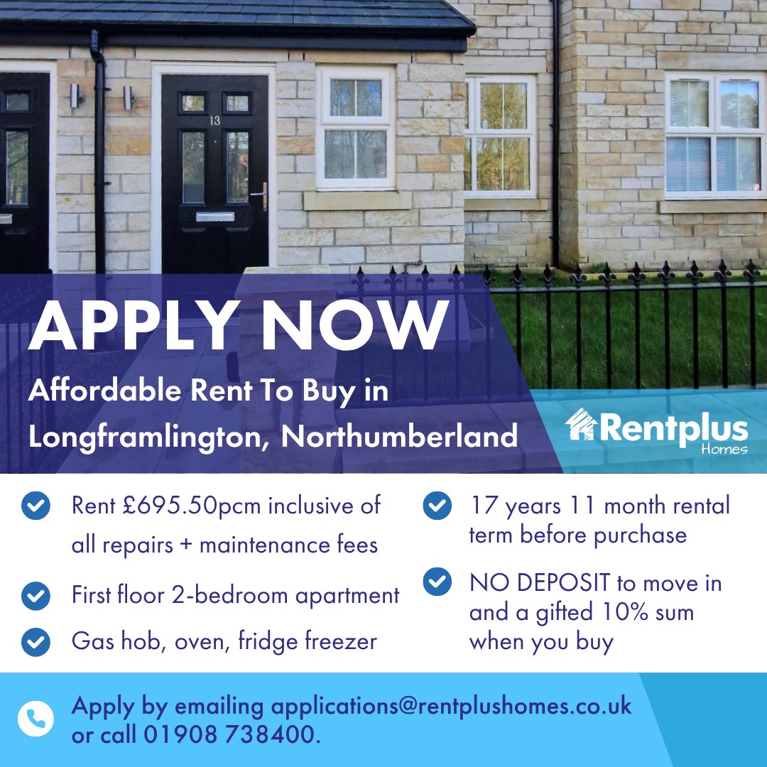 RentplusHomes's tweet photo. Your pathway to homeownership starts here 🏡 Rare opportunity to get an Affordable Rent To Buy property in Northumberland. 
No deposit to move in and pay an Affordable Rent of £695.50pcm inclusive of all service charges and repairs.  You can buy in 17 years with help from our gifted 10% deposit and you’ll be buying 100% of your home: no staircasing or shared ownership! 

 If you fancy a change of scenery, living in a beautiful village setting with a simple, supported step into owning your home, email us at applications@rentplushomes.co.uk or phone 01908 738400.
