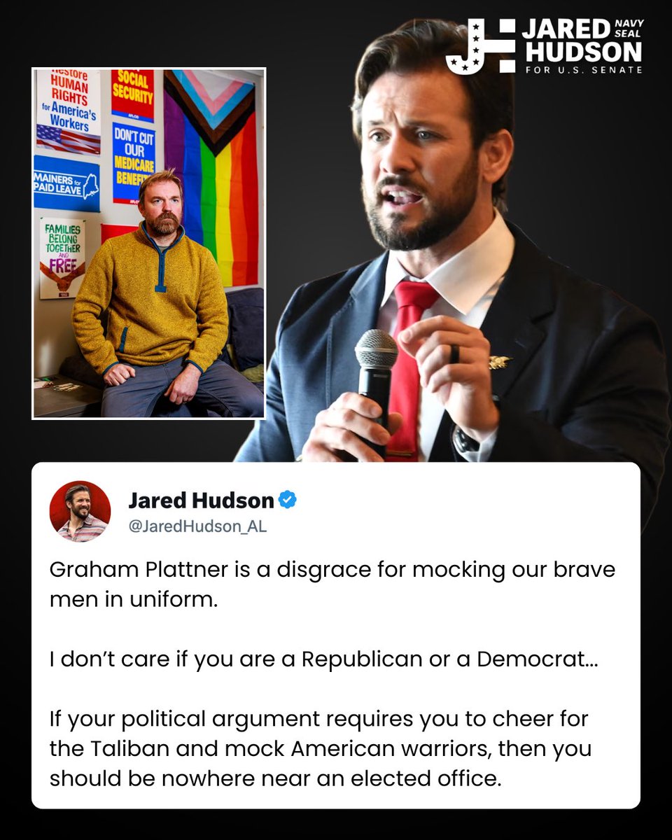 JaredHudson_AL's tweet photo. If you find yourself defending the Taliban and attacking a U.S. military veteran, you are a disgrace. 

Don’t be fooled and don't hand this country over to people who mock courage and excuse evil, folks.

People like Platner should be nowhere near elected office. https://t.co/EPdSM87inG