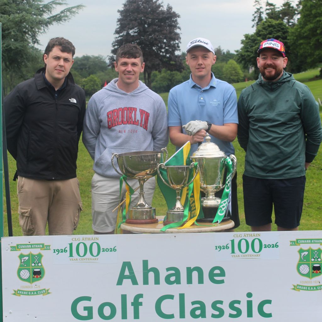 CreggRecruit's tweet photo. Great to have Gary Cusack, Eddie Jennings, Sean Mc Nerney and Mark Halligan from CREGG at the Ahane GAA Centenary Golf Classic 2026 in Castletroy Golf Club today.   #GolfClassic #CREGG #Centenary #GAA #Limerick https://t.co/odnlhReOIO