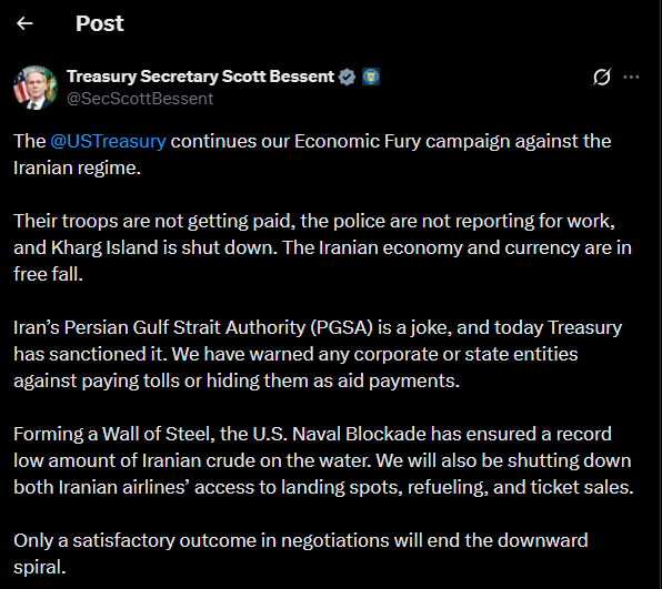 RTB_io's tweet photo. UPDATE: Treasury Secretary Scott Bessent says the U.S. is intensifying its “Economic Fury” campaign against Iran, targeting shipping, airlines, fuel access and sanctions enforcement as pressure mounts on Tehran.
#Treasury #Bessent #EconomicFury #Iran #Fuel #Trump
