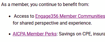 ArthurJSpring's tweet photo. It is painfully on-brand for the AICPA not to have double-checked (some might say audited 😏) the listing of membership perks in an email about the wonderful benefits of renewing
(The communities platform is in fact called Engage365 in case you were wondering) https://t.co/8xjTQ0wCrz