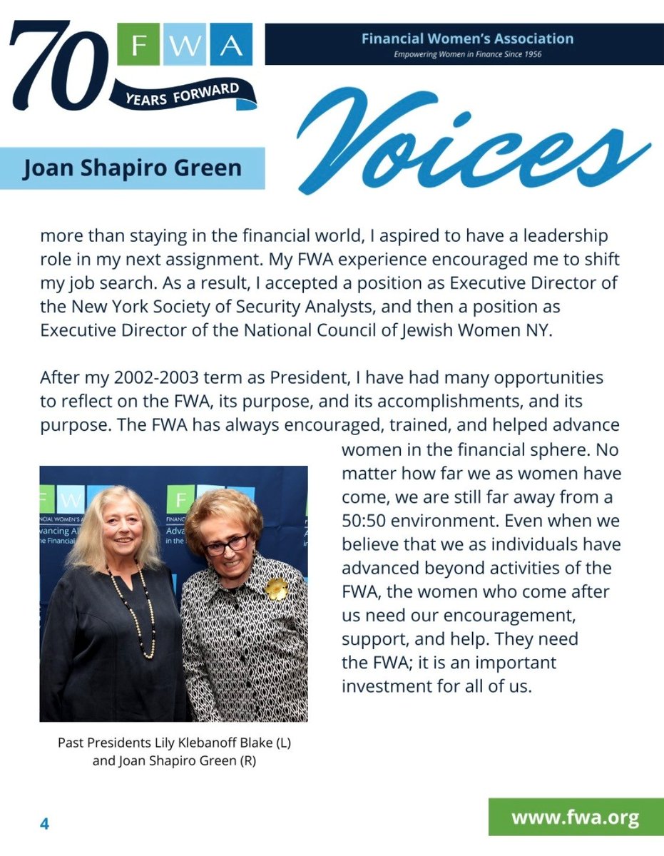 FWANY's tweet photo. 40+ yrs ago, Joan Shapiro Green joined the FWA looking to build connections in finance. She went on to help shape the organization’s history as a longtime member &amp; Past President.

As we close out May, we’re proud to spotlight Joan in FWA Voices. 

#FWAForward #FWAVoices #Finance https://t.co/XaZun4Ltyy