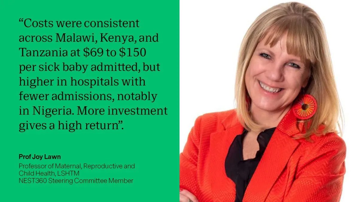 NEST360org's tweet photo. “Newborn care requires more money but gives high returns of ~$12 for every $1 invested,” — Prof. Joy Lawn, @LSHTM &amp; NEST360

Our new @LancetGH paper explores the costs of strengthening #newborncare systems across 4 African countries.

🔗 https://t.co/psPP6UWllm

#HealthFinancing https://t.co/wUMmHcGRAJ