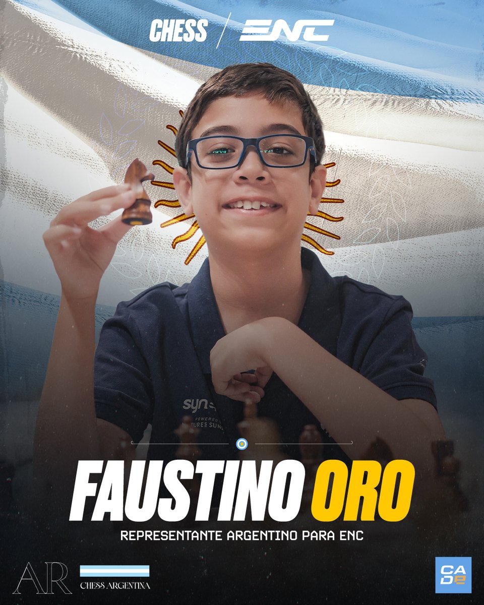 ARGEsportsTeam's tweet photo. FAUSTINO ORO SERÁ EL REPRESENTANTE DE ARGENTINA 🇦🇷♟️

El joven Gran Maestro de @9zteam dirá presente en noviembre vistiendo la albiceleste en @ENC_EN 🤩

Esto es gracias a los puntos acumulados por @FaustiOro quien ganó la invitación directa para el país!

VAMOS FAUSTI 💙🤍💙 https://t.co/DjtRLsD8wq