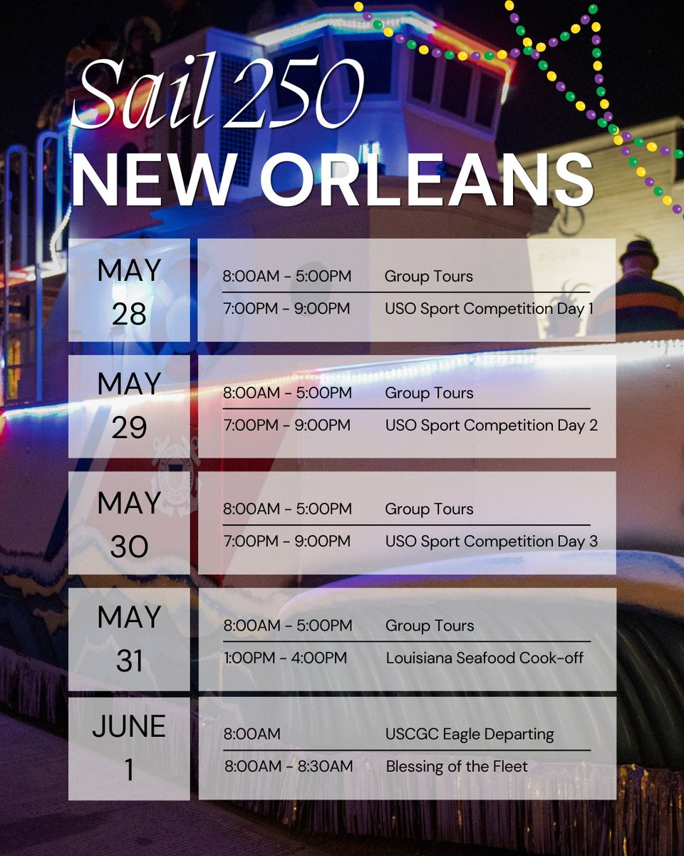 USCG's tweet photo. Sail250 kicks off today in New Orleans, but @USCG is just getting started! Keep an eye out as our crews help secure a historic summer full of major events, including FIFA World Cup 2026 and America250. 

#USCG #Sail250 #America250 #FIFAWorldCup2026

@DHSgov @USCGLANTAREA @USCGHeartland