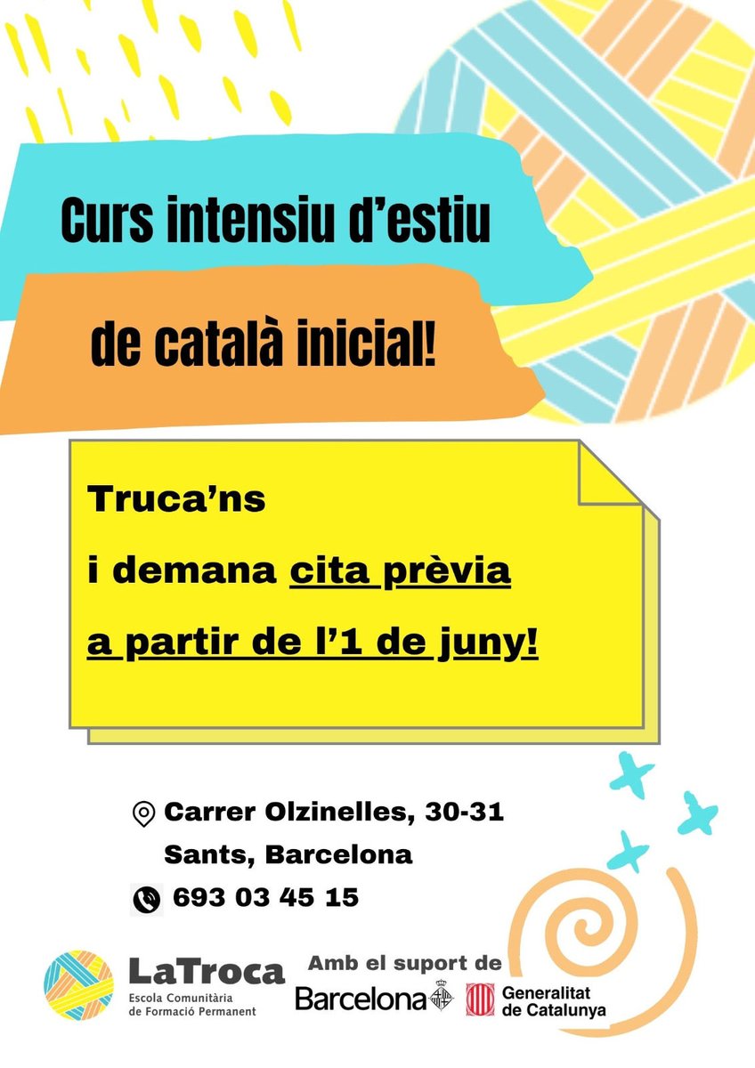 LaTrocaSants's tweet photo. 🌞D'aquí poc comença l'estiu i farem un curs intensiu de català inicial del 29 de juny al 17 de juliol!

⛱️Truca'ns a partir de l'1 de juny indemana cita prèvia per la inscripció!

👉Pots consultar tota l'oferta formativa del barri al #ForMap : https://t.co/LeyX4OyQRP https://t.co/QvqGfJdzBD