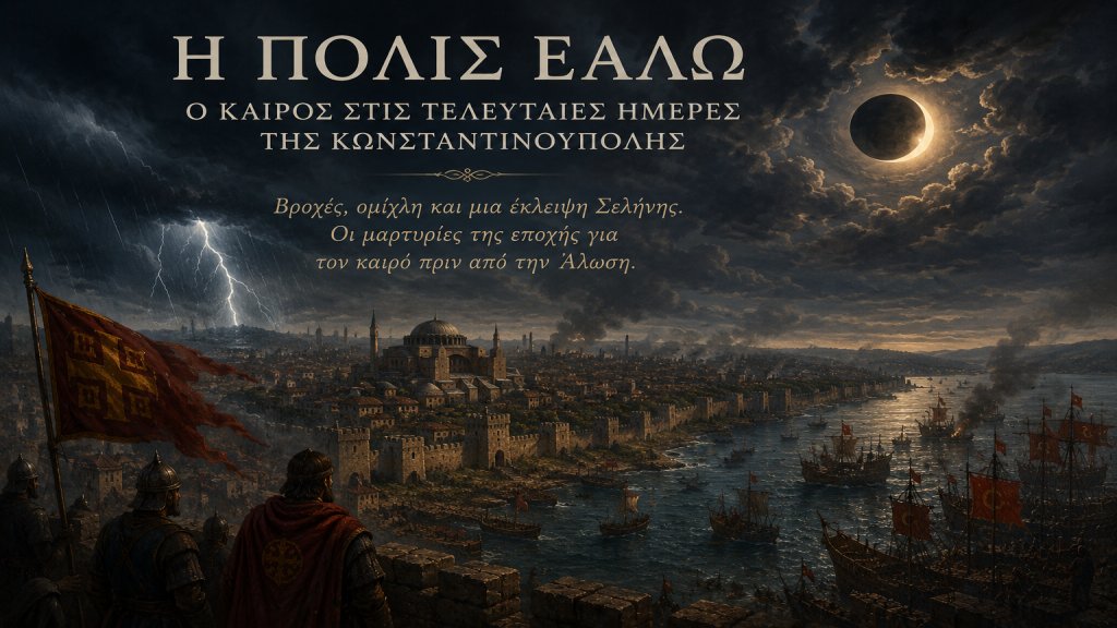KolydasT's tweet photo. 🎯 29 ΜΑΙΟΥ 1453- Ο ΟΥΡΑΝΟΣ ΤΗΣ ΑΛΩΣΗΣ: TI KAΙΡΟ ΕΚΑΝΕ ΠΡΙΝ ΠΕΣΕΙ Η ΠΟΛΗ . 
✅Η εικόνα του καιρού εκείνων των ημερών μπορεί να αναζητηθεί μόνο μέσα από τις γραπτές μαρτυρίες της εποχής: ημερολόγια, χρονικά και επιστολές ανθρώπων που έζησαν ή κατέγραψαν τα γεγονότα. Από την αρχή, όμως, πρέπει να ειπωθεί καθαρά: ο καιρός δεν «έριξε» την Πόλη. 
✅Η Άλωση κρίθηκε από στρατιωτικούς, πολιτικούς και ιστορικούς παράγοντες. Ο καιρός υπήρξε απλώς μέρος του σκηνικού — και, μέσα στο φορτισμένο κλίμα της πολιορκίας, ορισμένα φαινόμενα ερμηνεύθηκαν ως σημάδια μιας μεγάλης καταστροφής που πλησίαζε.
✅   ✍️  ΤΟ ΑΡΘΡΟ : https://t.co/lPMCF1JqzB