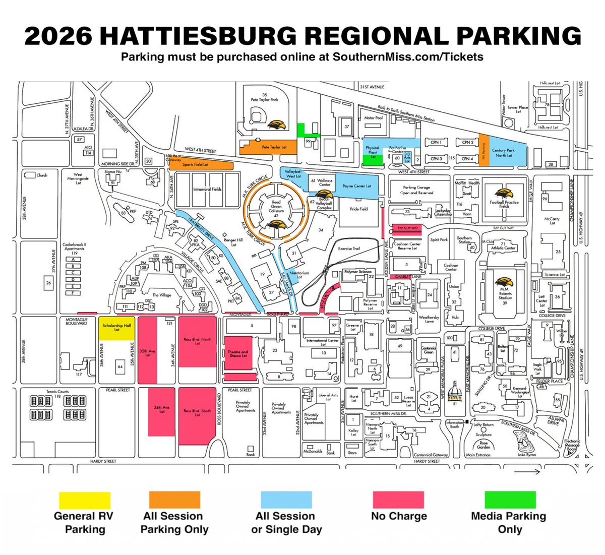 SouthernMissBSB's tweet photo. A limited number of single-day parking passes are now on sale 🚗

🅿️ » https://t.co/awhBx4jZSI

For those who already have parking passes, see the map below to familiarize yourself with the lots!

#OTR | #ETM | #SMTTT https://t.co/qxX2Nl4o3p