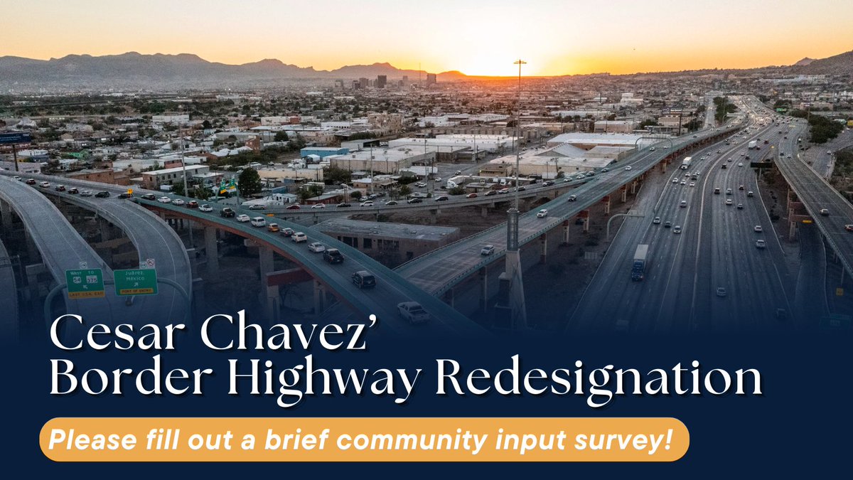 CesarJBlanco's tweet photo. Community input is still being collected on the future designation of the Cesar Chavez Border Highway, including perspectives on a potential renaming or keeping the current designation as is.

Feedback gathered through the survey will help inform any possible next steps moving forward. The survey will remain open through August 31.

Share your thoughts here 👇
https://t.co/5WbG7aE9tJ