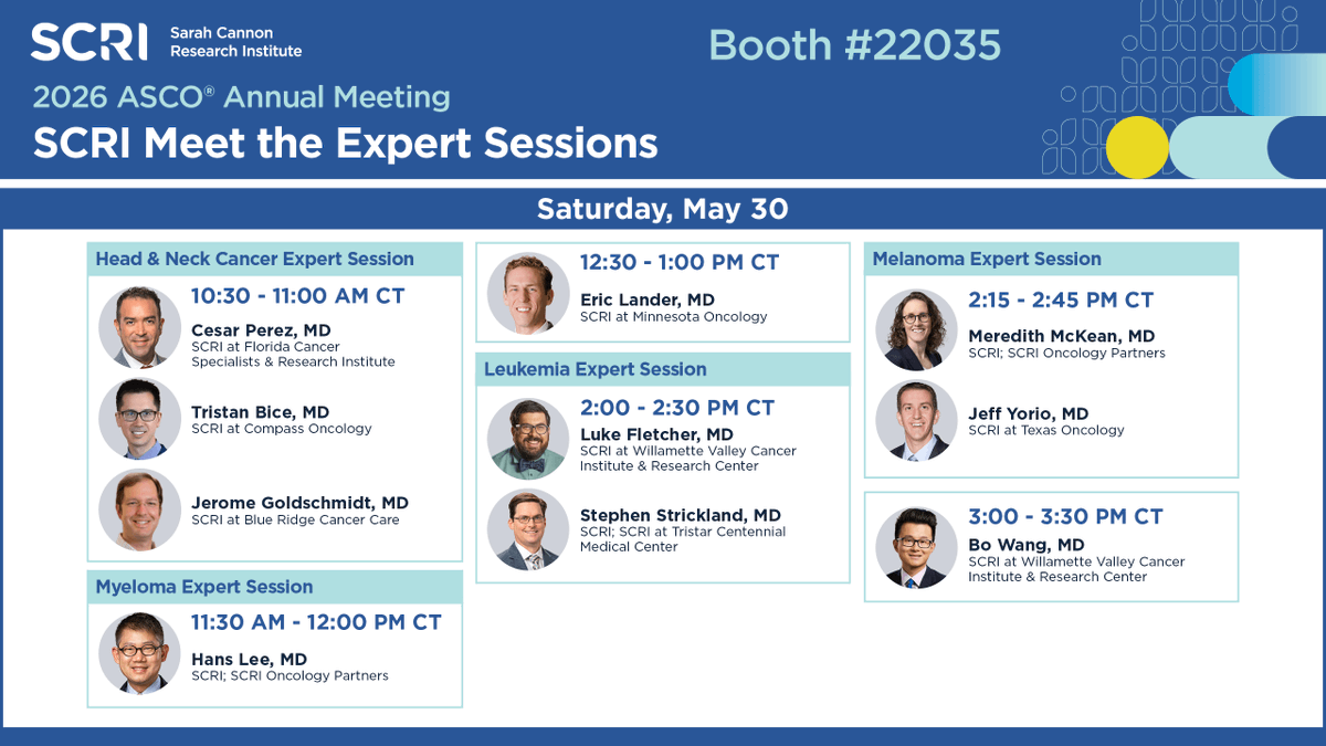 SarahCannonDocs's tweet photo. Join SCRI at #ASCO26 for Meet the Expert sessions on head and neck cancer, myeloma, leukemia and melanoma. Connect with our investigators at booth 22035. @CesarAPerezMD, @EricLanderMD  @LFletcherMD15 @SAStricklandMD @MeredithMcKean  @jeffyoriomd  @BoWangMD1 https://t.co/s2JG3KqF08