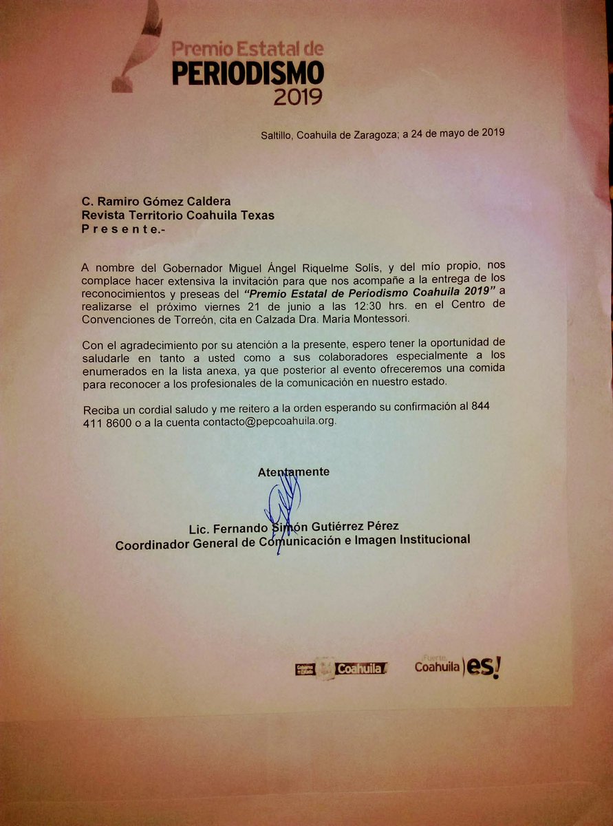 CoahuilayTexas's tweet photo. Agradezco el honor de ser invitado a la ceremonia de premiación del Premio Estatal de Periodismo Coahuila 2019 y la entrega de preseas por Trayectoria periodística que se realizará en Torreón, Coah. @mrikelme @jm_fraustro @fgutizp @ppborrego @NiramGH https://t.co/C2azxAEK7X https://t.co/gCUQ5iY3CT