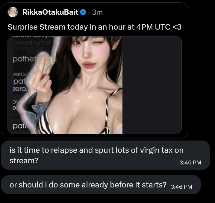 SecretlySlutty4's tweet photo. Aww my cute weak virgins~ 💕 is it time to relapse and spurt lots of Virgin Tax? or before it starts? How adorably desperate you all are hm~? Are you getting needy just thinking about it? Go on, confess in the replies what you’re choosing...  It's okay if you need to just give in now like a good boy ✨