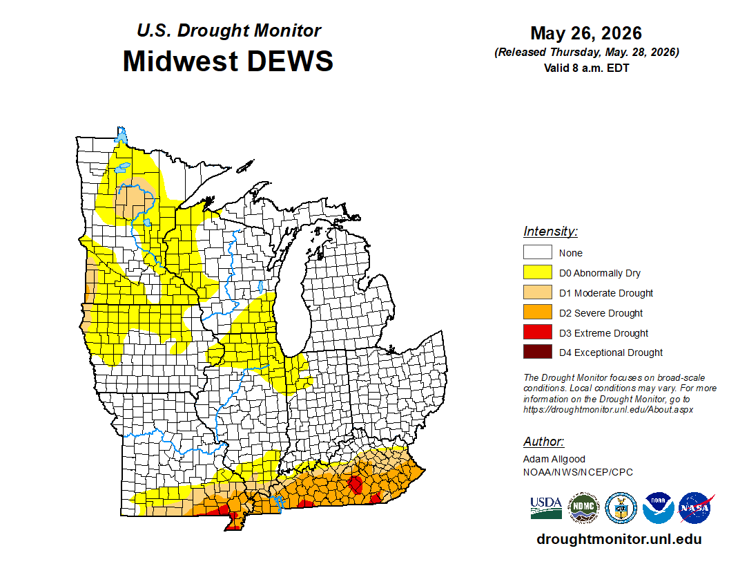 NOAADrought's tweet photo. The Midwest has largely been drought-free the last 2 months (except KY).

But the northern and western Midwest have seen a drying trend in the last 30 days. The 6-10 day outlooks lean warm/dry. Drought may develop, especially in the Upper Midwest. https://t.co/9oi1colJJa @NOAA https://t.co/eOEgLYsVn8
