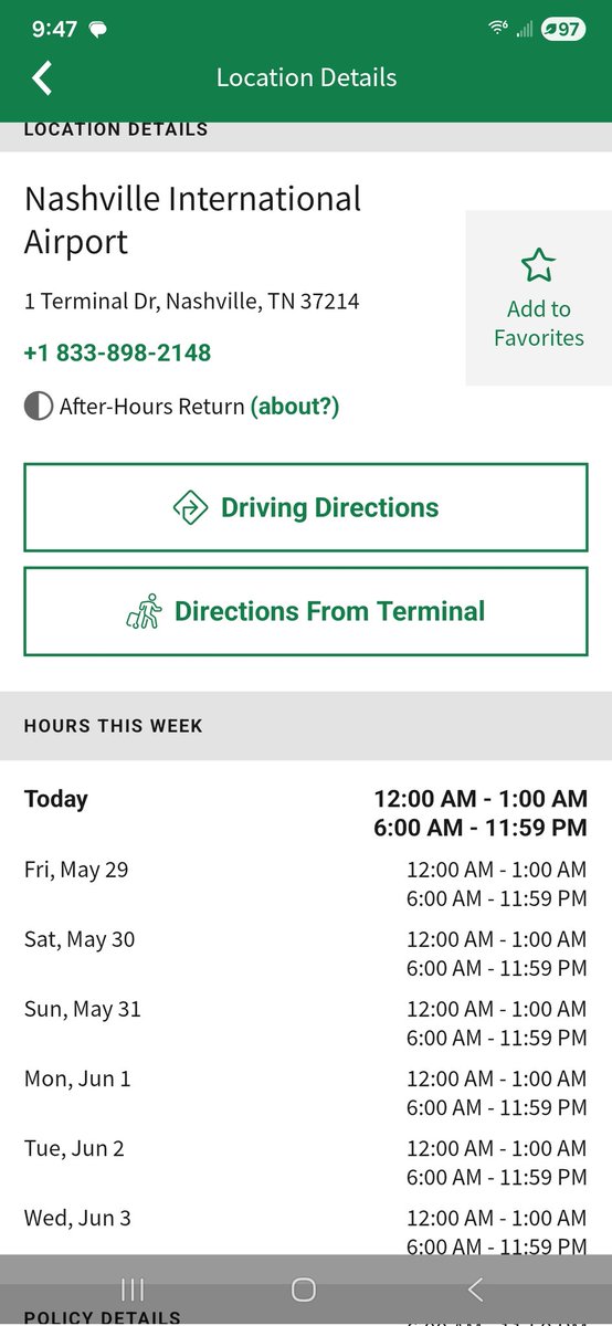 formerfire's tweet photo. @enterprisecares @Enterprise the employees and I at BNA airport do not understand the hours listed for the location.  6am to 11:59pm and 12:00am to 1am.   So they r open 17hrs and 59 minutes, then closed for 1 minute and then open 4 an hour?   Would be appreciated if fixed soon. https://t.co/aa0y0V7SVR