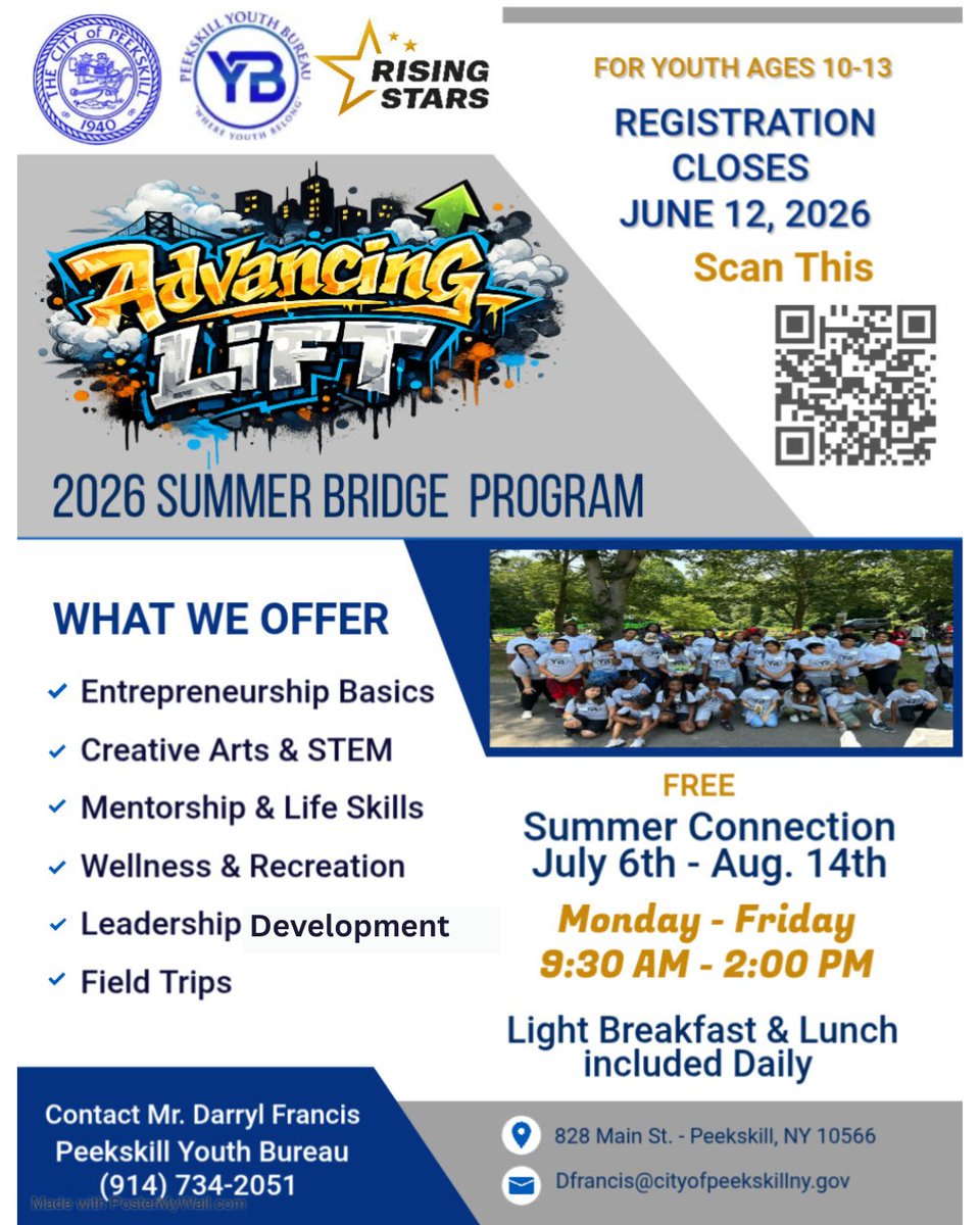 CityOfPeekskill's tweet photo. Registration is open for the Advancing LIFT 2026 Summer Bridge Program! The Advancing LIFT Summer Bridge Program serves youth ages 10–13, providing academic enrichment, leadership development, life skills, recreation, and field trips. To register, visit https://t.co/dhxOsyaEn6. https://t.co/AWpDyKHAQz