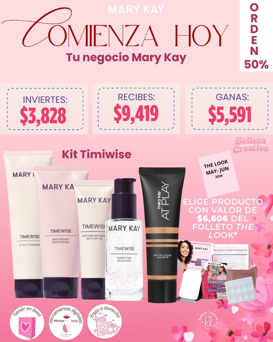 BellaClubMexico's tweet photo. ¡Es tu momento de emprender y ganar! Aprovecha el 50% de descuento en tu orden inicial y comienza hoy tu negocio con Mary Kay

Además, incluye el increíble Kit TimeWise y productos del folleto The Look

Mándame mensaje y te cuento cómo comenzar hoy mismo
#MaryKayMéxico #BellaClub https://t.co/iGIzTSQHge