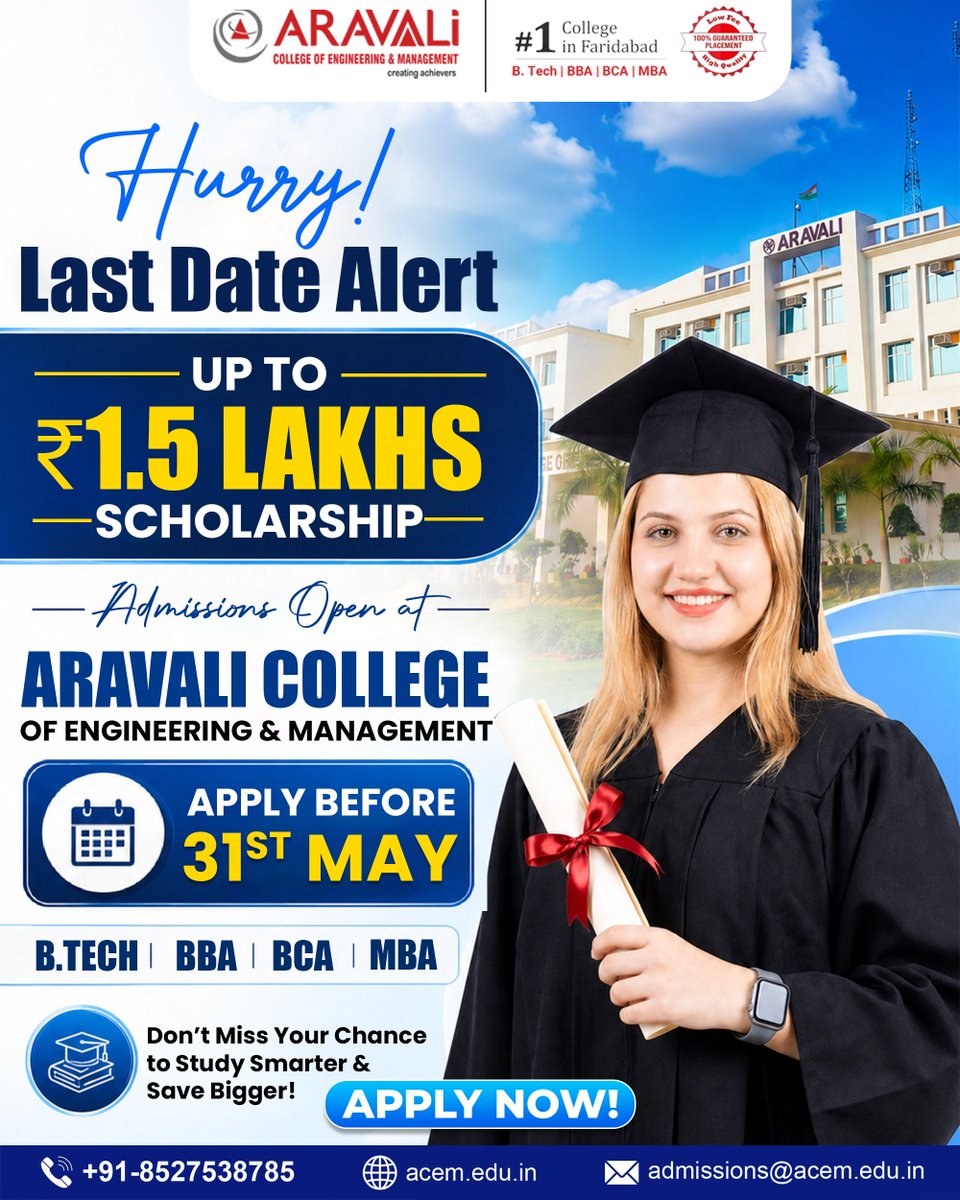 acem2008's tweet photo. 🎓 Hurry! Your future awaits at Aravali College of Engineering &amp; Management 🚀

Grab up to ₹1.5 Lakhs Scholarship and secure your admission before 31st May!

[Aravali College, BTech Admission, MBA Admission, Scholarship, Career Success, College Admissions, Education, Apply Now] https://t.co/UFd6KESIwt