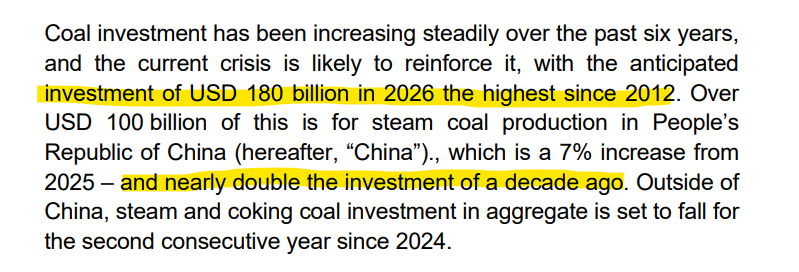 JavierBlas's tweet photo. Coal is so consigned to history (COP26 in Glasgow dixit) that investment will rise in 2026 to a 14-year high, according to a @IEA new report. 

The bulk of the investment will happen in China, which is putting money into coal at nearly **double** the rate of a decade ago. https://t.co/GrPsE9UEXo