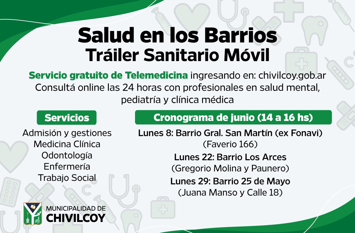 ChivilcoyAps's tweet photo. 👉 Buenos días 😃, compartimos la placa informativa con las salidas del Tráiler Sanitario Móvil 🩺 mes de  Junio lunes 8 ,22 y 29 con  dirección 🧭 y horario de 14 a 16 hs. 
📍Te recordamos que podés utilizar el servicio de Telemedicina disponible las 24hs.

@BritosGuillermo https://t.co/HHYi2G77Er