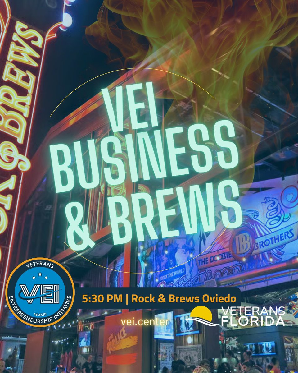 veicenter's tweet photo. Join us for Business and Brews in Oviedo and connect with fellow entrepreneurs!

📅 Wednesday, June 10 | 📍 Oviedo Rock and Brews. | ⏰ 5:30-7:30 PM
✅ RSVP today and bring a friend at https://t.co/db5wgiOECF

#VeteransInBusiness #BusinessAndBrews #VEICommunity #VeteransFlorida🍻 https://t.co/sCyYlewAUJ