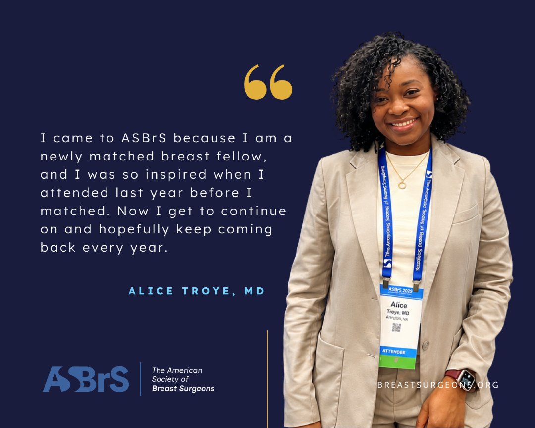 ASBrS's tweet photo. Every journey starts somewhere, and for Dr. Alice Troye, ASBrS became a place where inspiration turned into purpose. We are proud to support the next generation of breast surgeons as they learn, grow, and continue advancing better breast care everywhere.® #ASBrS https://t.co/DM6vcwFuMr