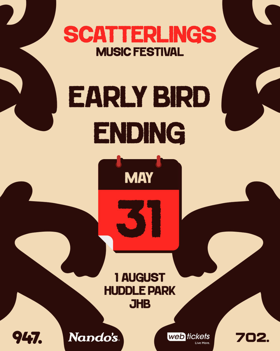 scatterlings_za's tweet photo. Early Bird is officially clocking out on 31 May 2026. 👀

After that? New price. Same FOMO. 😭

Secure your #Scatterlings ticket NOW. Thank yourself later.

🗓 1 August 2026
📍 Huddle Park, JHB
🎟 Early Bird ends 31 May – tickets via @webtickets

#ScatterlingsMusicFestival https://t.co/nLHNFWblXF
