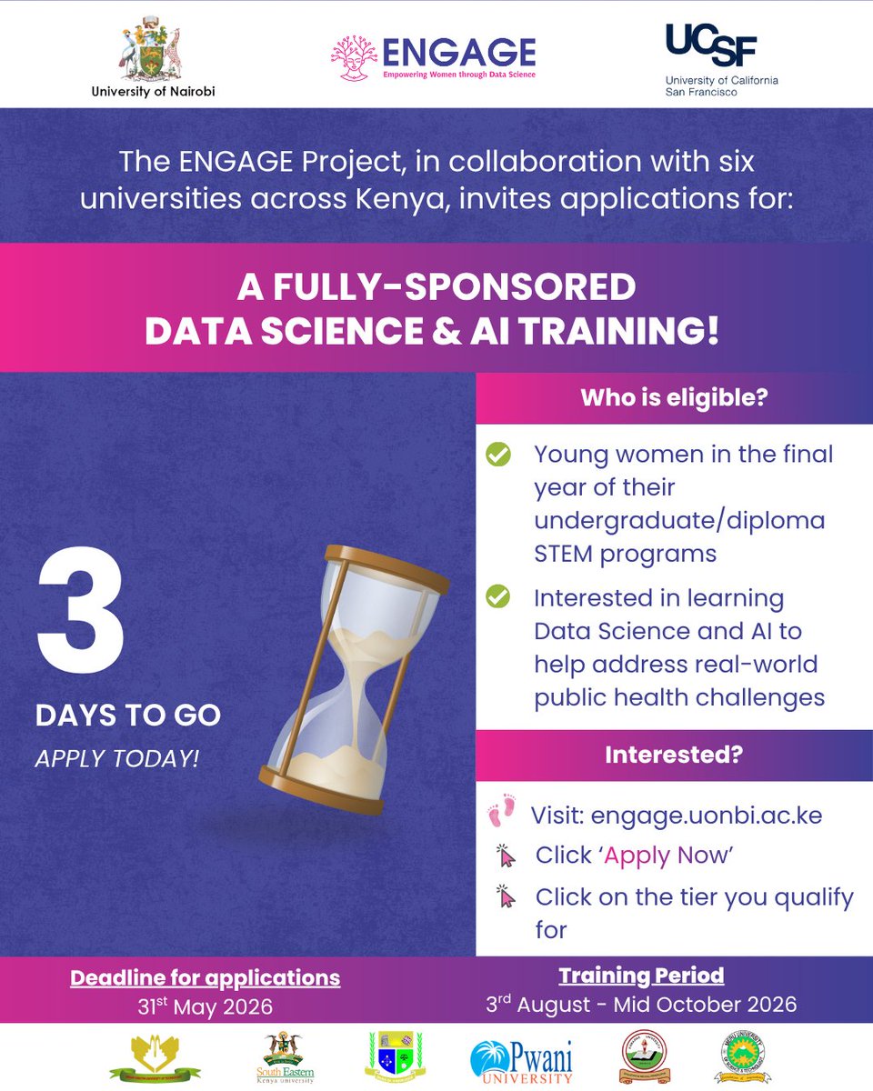 EngageProjectKE's tweet photo. Only 3 days left before applications close!
Don’t miss out.
Visit https://t.co/g9db6J8iCC and apply today. https://t.co/wIXjvGZ56K