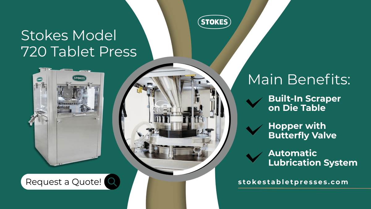 StokesTP1896's tweet photo. Reduce downtime. Improve tablet production consistency.

The Stokes Model 720 Tablet Press features:
✔ Automatic lubrication
✔ Built-in scraper
✔ Butterfly valve hopper

Request pricing now:
https://t.co/tLvoBKAR8v https://t.co/FOv54ex1I5