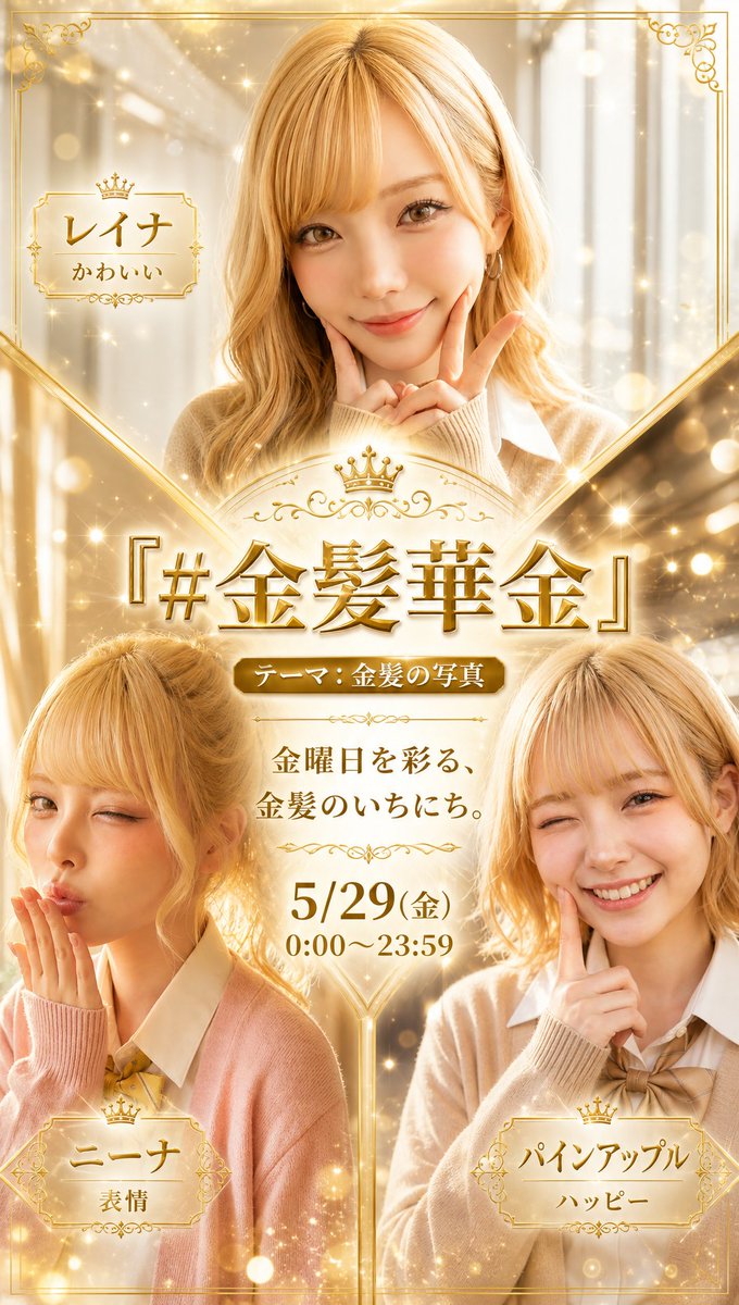 Reina_Bunny_ai's tweet photo. 【金髪華金イベント開催中💛✨️】
金曜日を彩る、金髪のいちにち✨️
・イベントタグ #金髪華金
・開催日時 5/29(金)0:00〜23:59
華金💛金曜日恒例イベント💛
・テーマ『金髪の写真』
過去作品もOK、イラストもリアルも大歓迎💛
・サブテーマ:レイナ会場🐰
『かわいい写真💖』
自分・友人・キャラ・ペットなどの、「かわいい」写真✨️
あなたがかわいいと思う写真でOK💖
サブテーマなしでの参加も大歓迎だよ😊
↓↓↓
・ニーナ会場💖『表情』
(@AI_NINA0217)
キス顔・笑顔・驚き顔・変顔・泣き顔などなんでもOK✨️
・パインアップル会場🍍『ハッピー』
(@ppap_2025)
笑顔・好きなもの・楽しい時間など、「ハッピー」な写真✨️
お気軽に #金髪華金 を付けて投稿してくださいね✨️
何枚でも大丈夫ですが、
無理せずに楽しんでください💛
⚠️注意事項です
・過度なセンシティブ表現(エロ・グロ・下着など露出多め)はご遠慮ください。
・版権・二次創作はご遠慮ください。
・検索除外や影🍞の方の作品はRP等出来ませんので予め御了承下さい。