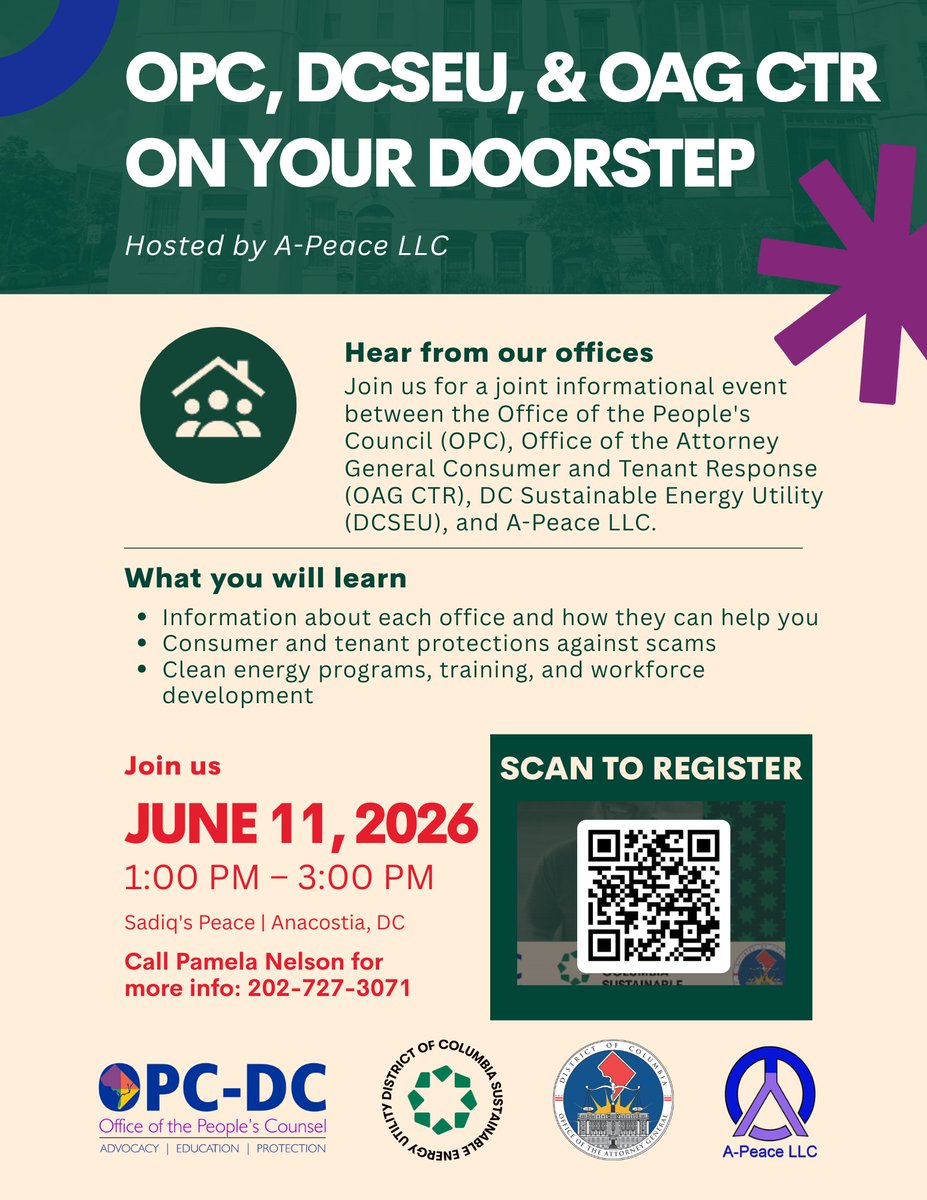 DCSEU's tweet photo. DC residents, join us June 11 for @DCOPC , DCSEU, &amp; OAG CTR (@DCAttorneyGen), and on Your Doorstep, a free community event focused on tenant protections, scam awareness, clean energy programs and workforce opportunities. Register Today: https://t.co/OlixVJEvoi https://t.co/SwT6ncLb63