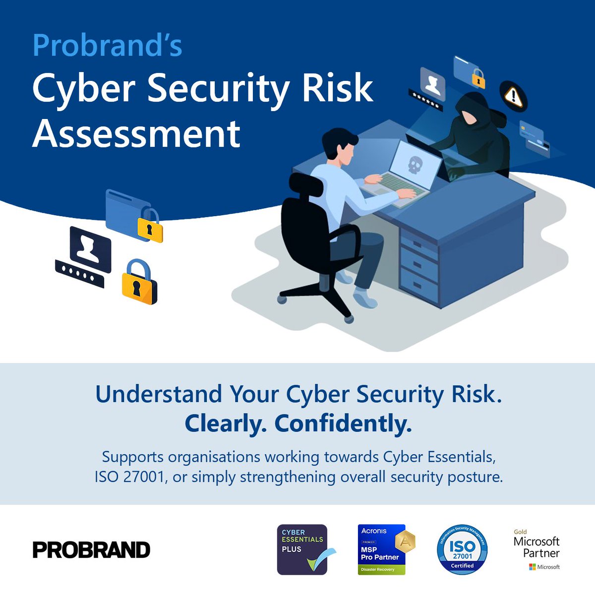 Probrand's tweet photo. Insurers, auditors &amp; regulators are asking tougher questions about cyber risk.
Our free Cyber Security Assessment:
✔ Identifies gaps &amp; readiness issues
✔ Supports internal reviews, Cyber Essentials certification prep &amp; audits
Book now: https://t.co/mbRuuessU3 https://t.co/JkkbZTOmqO