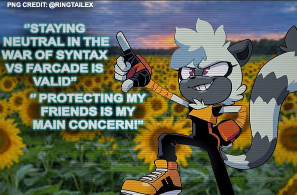 whisperhugger's tweet photo. In the brewing war of Farcade vs Syntax

Side with the Neutral Zone!
This war wants to make monsters out of us with good intentions, and that's always the first step! https://t.co/Yg9Nbjb8bv