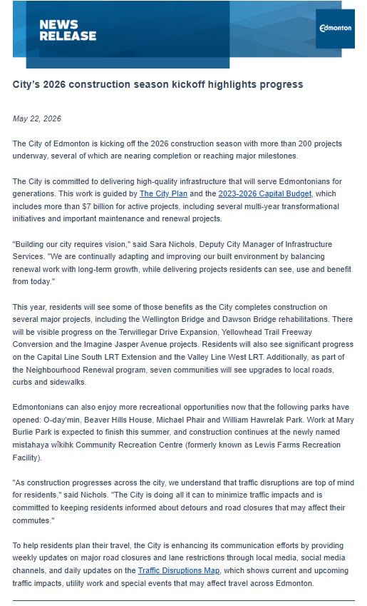 cfibAB's tweet photo. While @cityofcalgary finalized a Business-Friendly Construction Policy this year, @CityofEdmonton’s 2026 construction announcement makes no mention of impacts on local businesses—no mitigation, no supports, no plan. 

Construction planning should include clear communication, access solutions, and targeted supports to keep businesses open. #yeg
