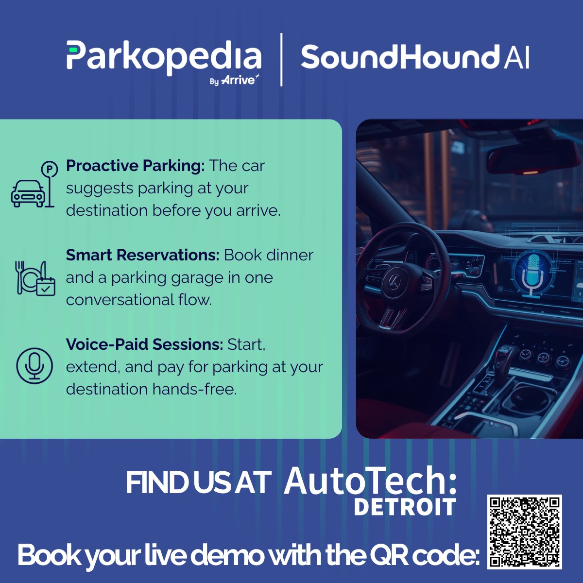 Parkopedia's tweet photo. The future of the cockpit is conversational. 🎙️⚡
Visit the Parkopedia booth at #AutoTechDetroit to experience our immersive voice demo in partnership with @SoundHound.
Book your spot in the driver’s seat: https://t.co/aAxv1aNDzN https://t.co/C4Ds2oVhvi