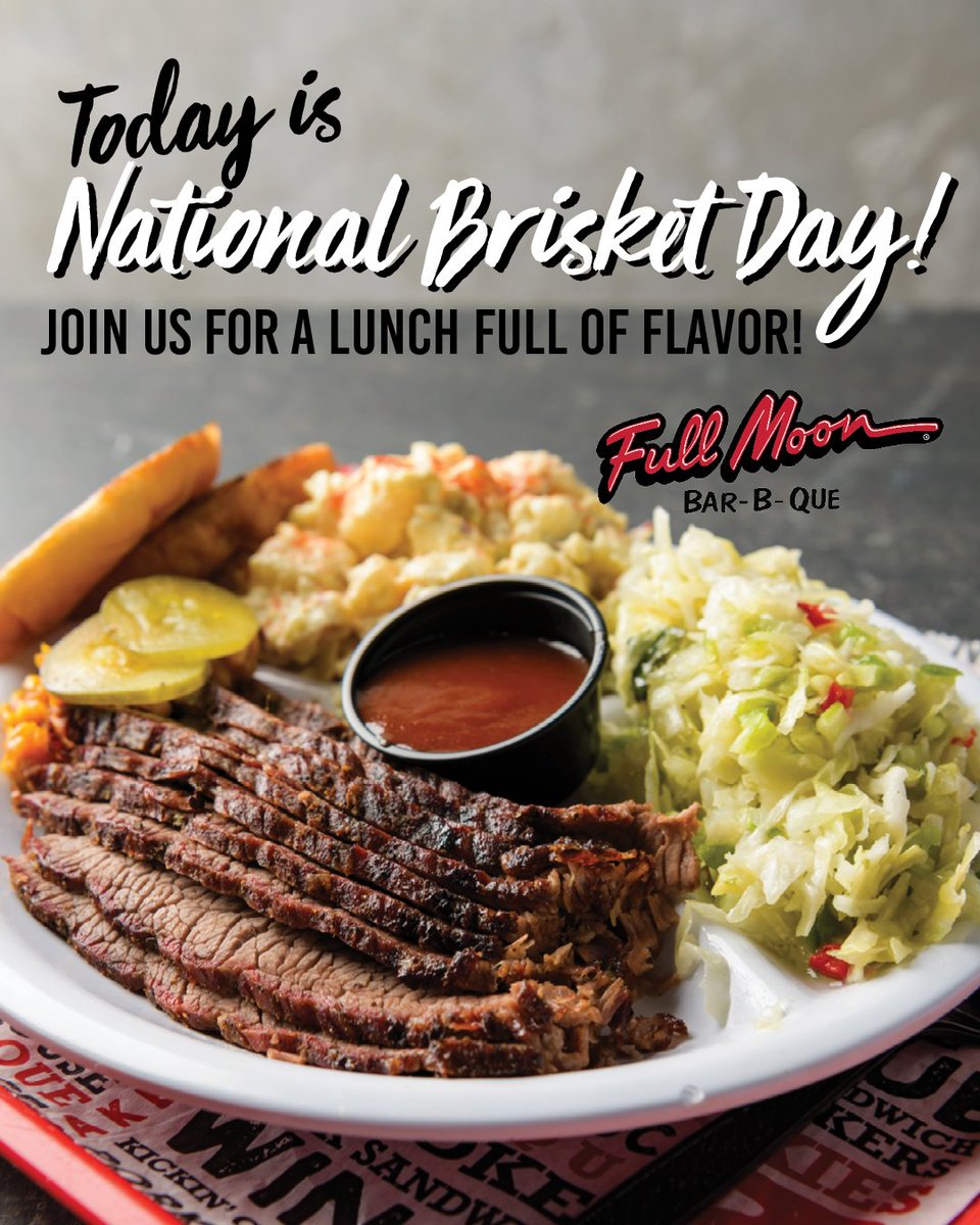 FullMoonBBQ's tweet photo. TODAY is National Brisket Day! 🙌 Full Moon BBQ was recently featured by @tastingtable as one of the TOP 5 chain restaurants in the U.S. serving the BEST BRISKET. Join us for a meal full of flavor and celebrate with a plate of Full Moon BBQ’s nationally acclaimed brisket! https://t.co/F1WA9CMnlN