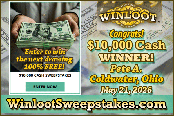 Winloot's tweet photo. 🥳Big congrats to $10,000 Cash #Winner, Pete A. of Coldwater, Ohio!🙌

🆓Get your free entries for the chance to win the next drawing!
✔️Enter WinlootSweepstakes: https://t.co/wMGWwS89pH
100% Free!💯 https://t.co/kIdkOiQFT8