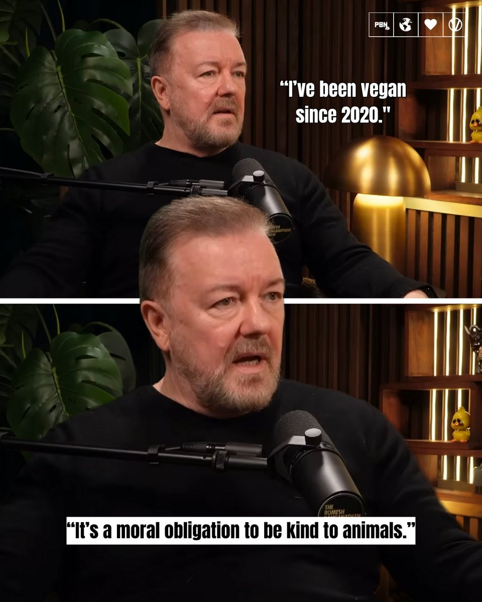PlantBasedNews's tweet photo. Ricky Gervais just appeared on The Romesh Ranganathan Show and spoke about his journey to veganism.

Gervais recently donated nearly £2.5 million to animal charities using proceeds from his recent stand-up tour. https://t.co/3qrfCjeWTp