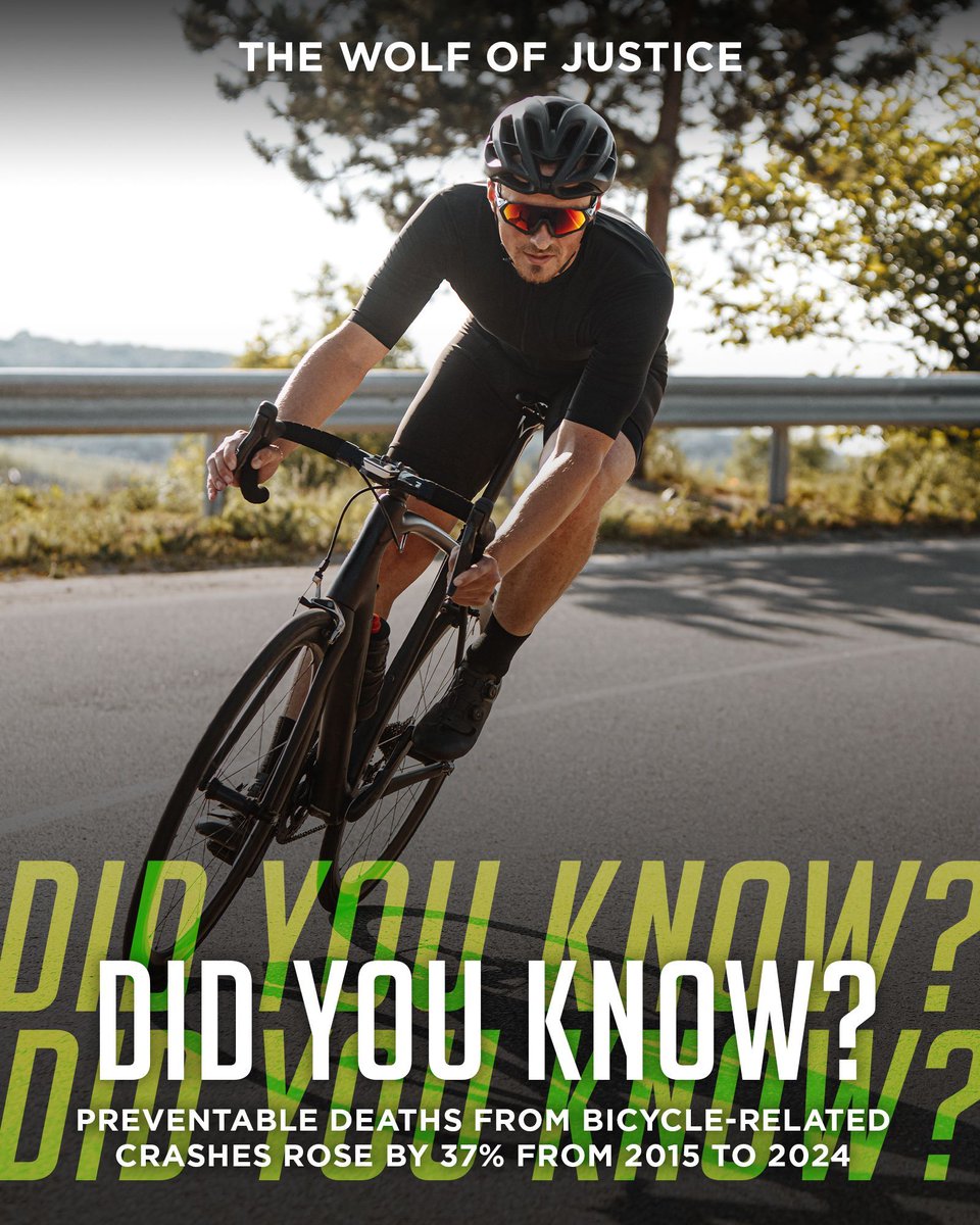 wolfofjustice_'s tweet photo. #DidYouKnow? The number of preventable deaths from #bicycle-related crashes rose by 37% from 2015 to 2024 (source: @NSCsafety).

Have you lost a loved one in a #bikeaccident? You may have a case for #wrongfuldeath. Contact us for a free consultation:
📞 (800) 287-1500 https://t.co/K9l2Sk88ZV