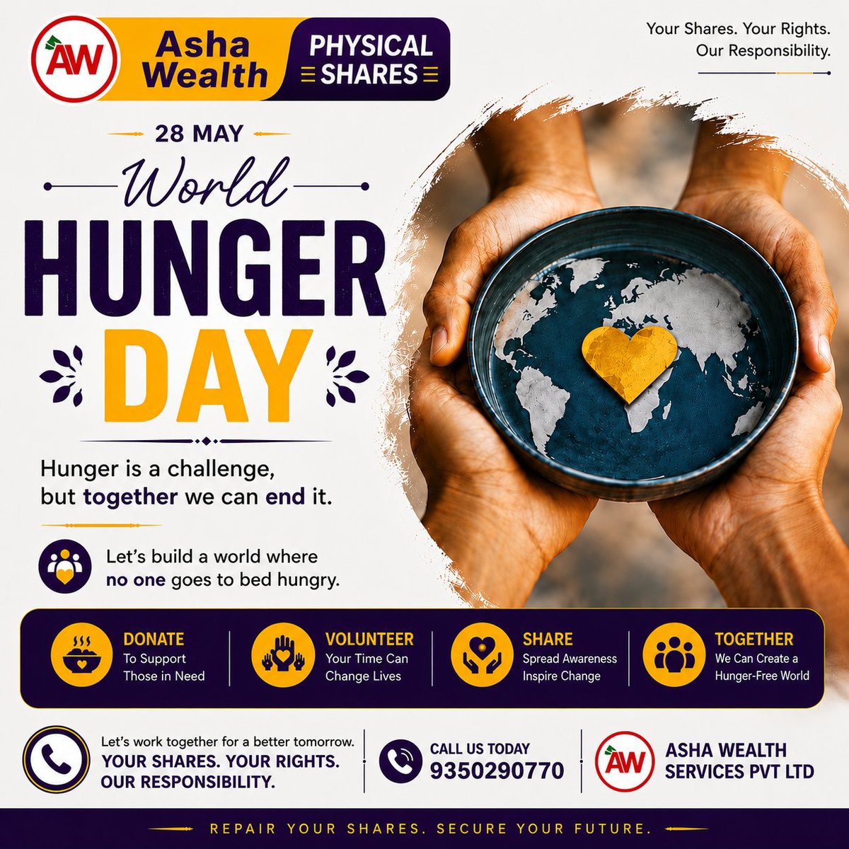 DuplicateShares's tweet photo. #WorldHungerDay, #May28, raises awareness of chronic hunger. It highlights sustainable solutions so everyone has access to safe, nutritious food. #AshaWealth #DuplicateShares #PhysicalShares #RepairYourShares #LostShares #IEPFassist #Transmission #Shares https://t.co/Fi7vZ1UOd4