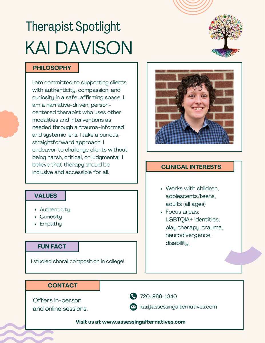 A_AlternativesC's tweet photo. Introducing our intern therapist, Kai Davison!!
#TherapistSpotlight #TherapistThursday

Visit us at: https://t.co/8CplM8hrzt https://t.co/LuHC6GuF6v
