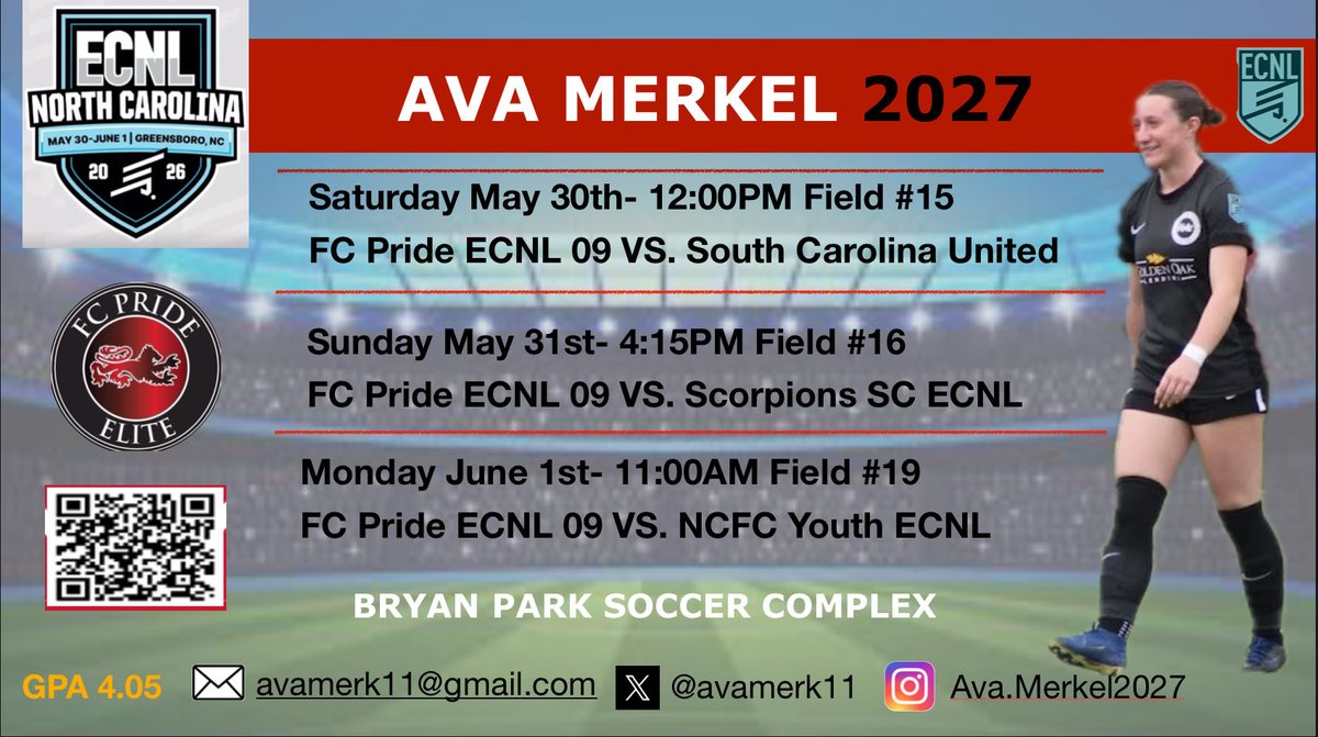 avamerk11's tweet photo. Excited to be headed to the ECNL North Carolina showcase this weekend! Looking forward to some great competition! 
@ImYouthSoccer @ImCollegeSoccer @FCPride_ECNL09G @FCPRIDESOCCER @ECNLgirls 
#ECNL #ECNLNC #classof2027 #collegesoccer https://t.co/MtSdpYgNdo
