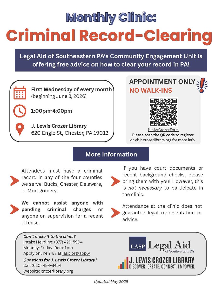LegalAidSEPA's tweet photo. NEW! LASP will hold a free monthly Record-Clearing Clinic the first Wed. of every month beginning June 3, 2026.
📍1-4 p.m. @crozerlibrary, 620 Engle St., Chester 19013

‼ By appointment only. Register through library form https://t.co/Aimk7WsPAD

Info: https://t.co/RQs7vUCxmA https://t.co/K25jJ8OoK9