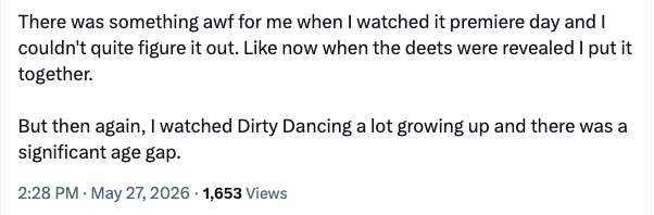 sanrac's tweet photo. these people cannot be serious!! this is about off campus, but also - in dirty dancing, jennifer grey was indeed 8 years younger than patrick swayze but she was also 26 years old when they filmed that movie!! do they think she was literally baby's age? https://t.co/rj8A0ATUKl