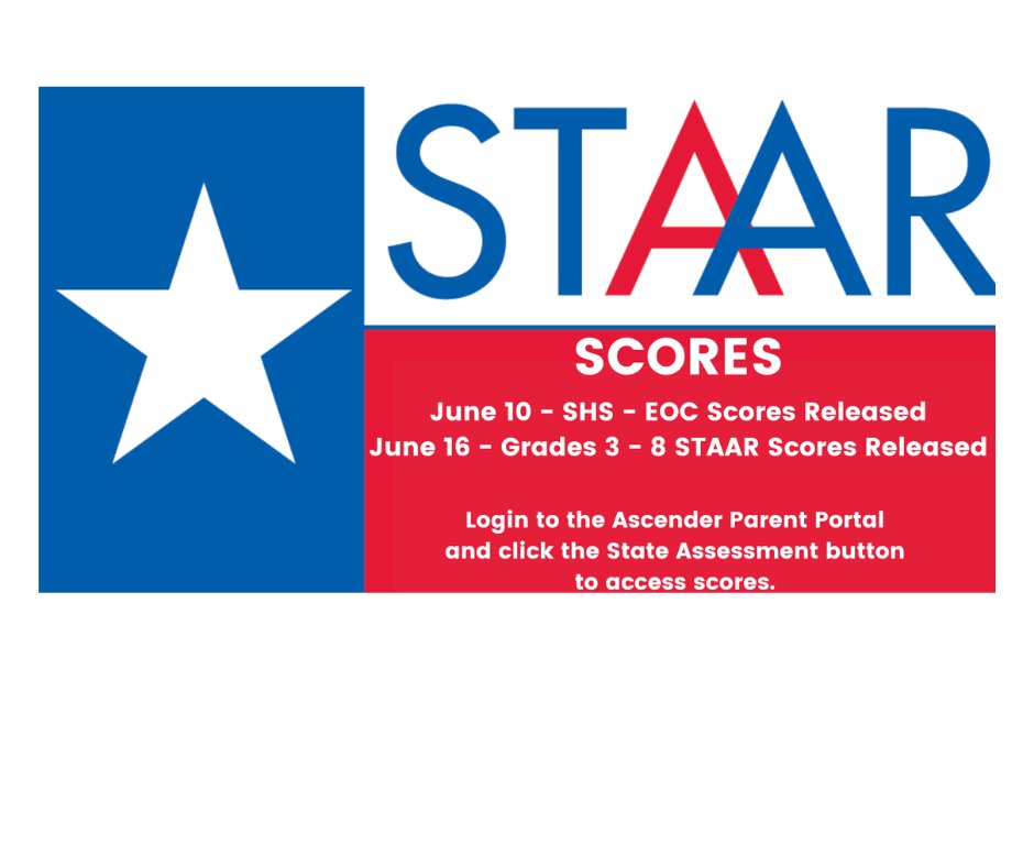 smslearns's tweet photo. STAAR/ EOC Release Dates
June 10 - High School EOC scores 
June 16 - STAAR 3-8 scores

To access scores, visit the Ascender Parent Portal.
Once in the portal, click the  "Texas Assessment"  button.
Need help? Contact: Letishi Gunnels at letishi.gunnels@sunnyvaleisd.com https://t.co/eyNbQr4Fxq
