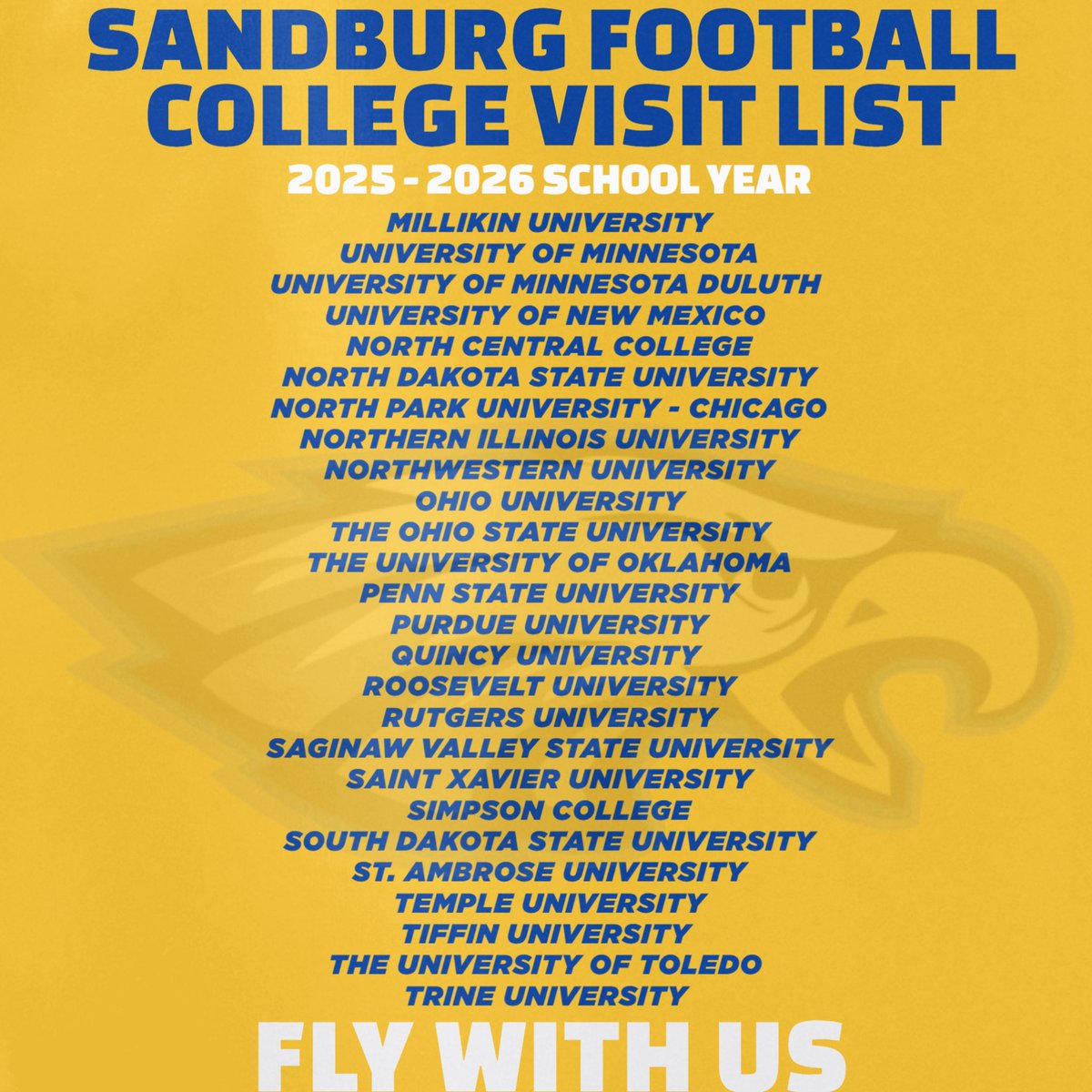 SandburgEagles's tweet photo. Thank you to all the coaches and programs that came to 131st and Lagrange this school year! 

HOMEGROWN 🏡 
@PioneersOrland @OPPWrestle 
@stmikesports @OrlandChamber 

GO EAGLES! 
#Team72 
#FlyWithUs 🟡🔵🦅🏈 https://t.co/UKd5o5AR3l