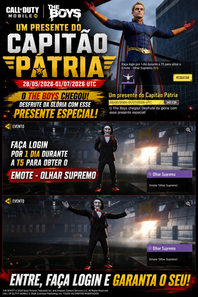 MbmGamer's tweet photo. 🔥 O PRESENTE DO CAPITÃO PÁTRIA CHEGOU! 🔥 Faça login durante a T5 e garanta o emote Olhar Supremo 😱✨ Será que vale a pena? 👀🔥 #mbmgameroficial #mbmgamer #callofduty #codmobile #codm #callofdutymobile #theboys #capitaopatria #codmobilebrasil https://t.co/I4RE9jVfV0